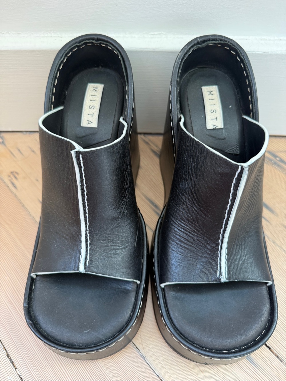 Miista Black Leather Open-Front Mules with White Trim